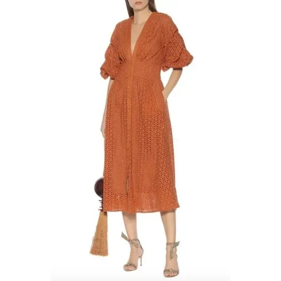 JOHANNA ORTIZ Magical Discipline Burnt Orange Eyelet Cotton Dress Size US 2 NWT - Picture 1 of 12